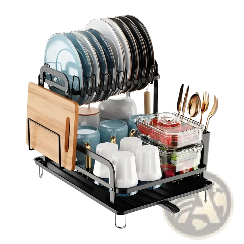 Black metal 2-tier dish drying rack with wooden drainboard holding assorted dishes cups utensils and food containers