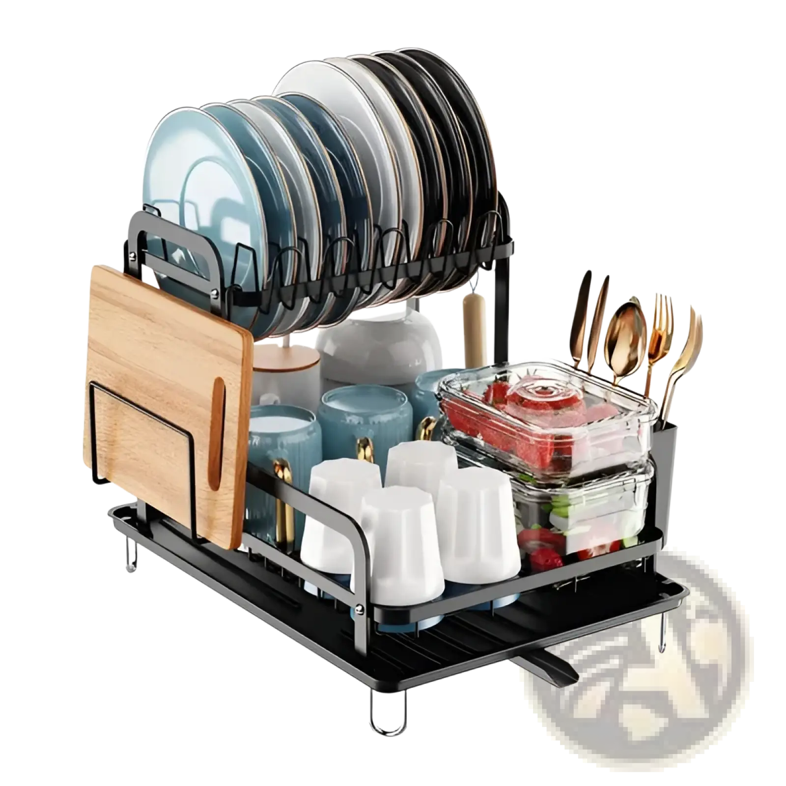 Black metal 2-tier dish drying rack with wooden drainboard holding assorted dishes cups utensils and food containers