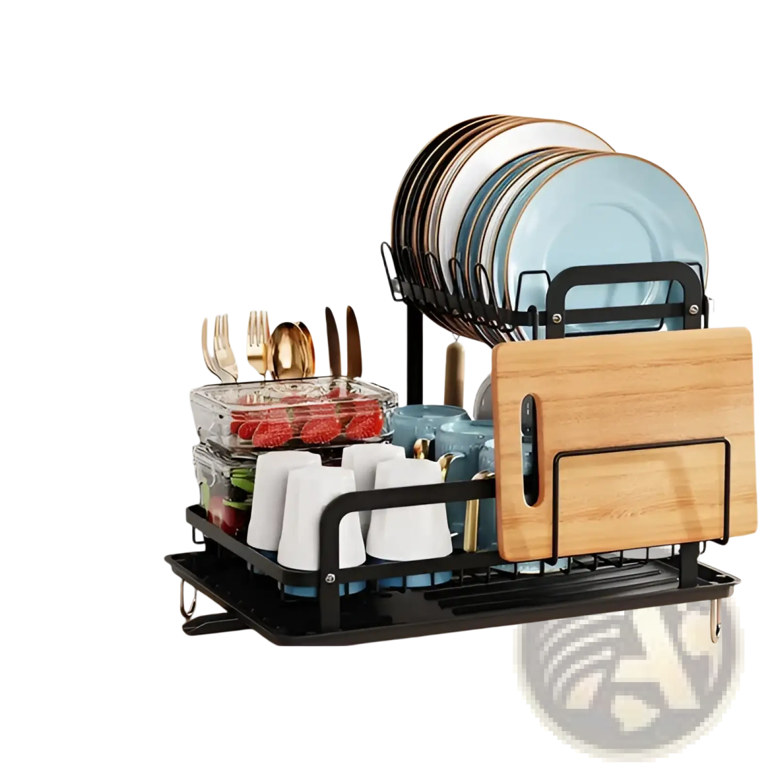 Black metal 2-tier dish drying rack with wooden cutting board and drainboard holding plates cups cutlery and glassware