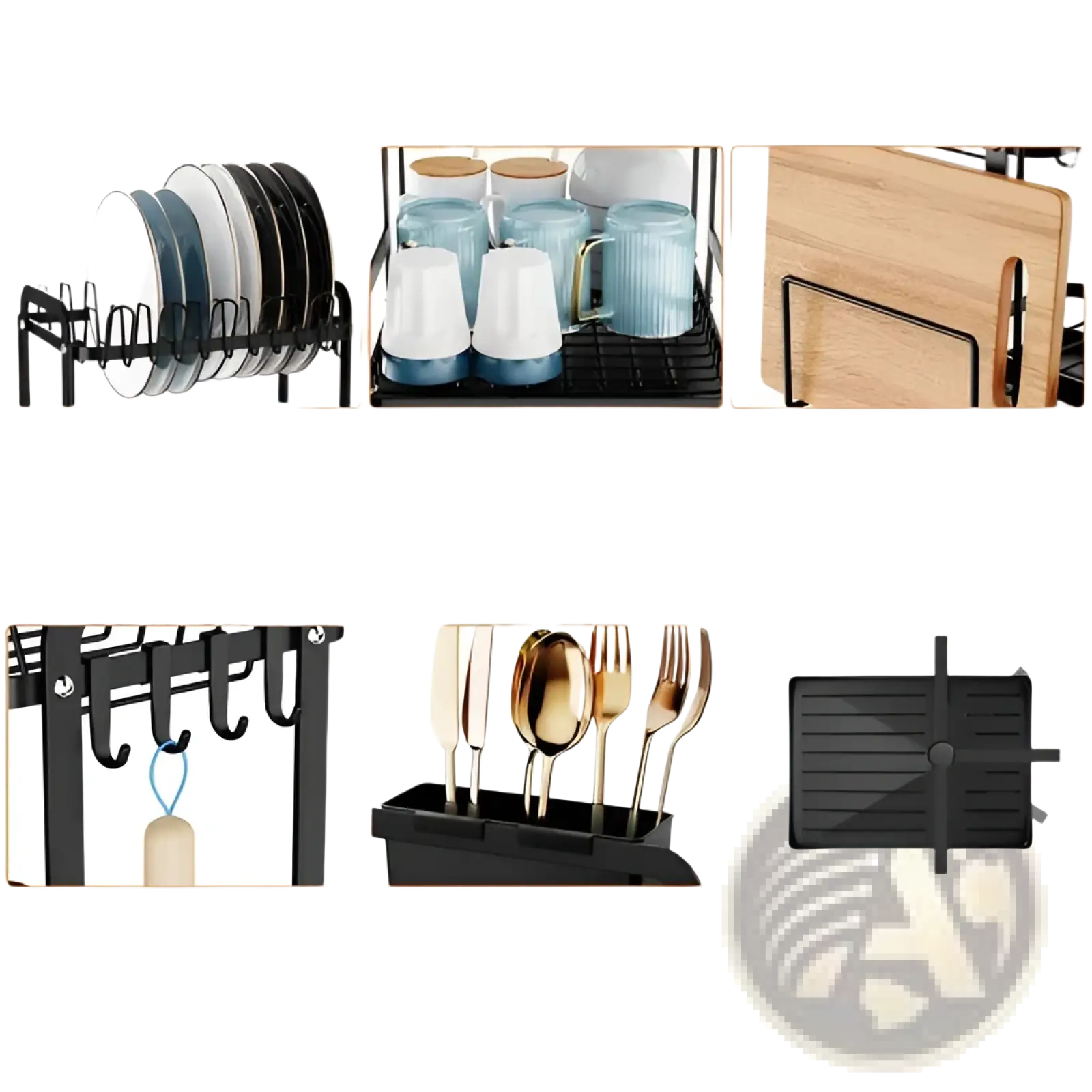 Black 2-tier metal dish drying rack with drainboard wood board multiple compartments for dishes cups utensils and chopping board