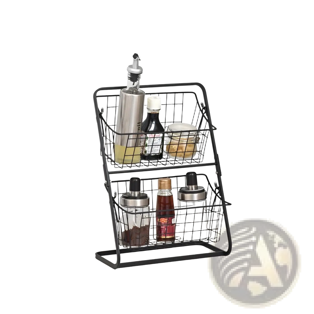 Black wireframe two tier metal kitchen organizer holding condiments and bottles for efficient storage