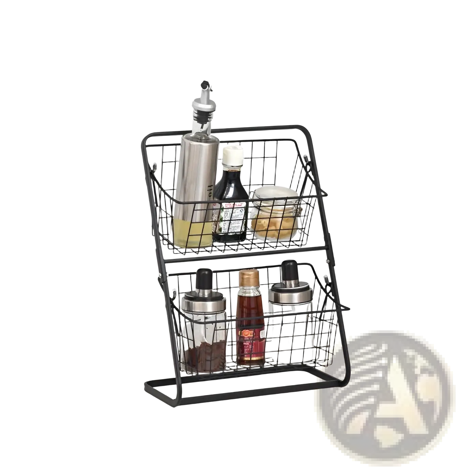 Black wireframe two tier metal kitchen organizer holding condiments and bottles for efficient storage