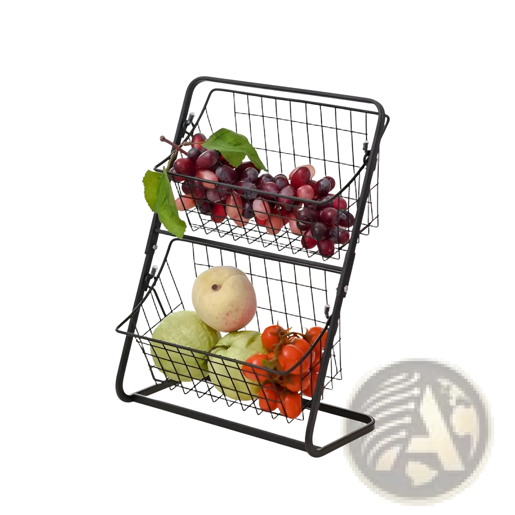 Black metal wire two tier fruit basket kitchen storage rack designed for organizing fruits and vegetables efficiently