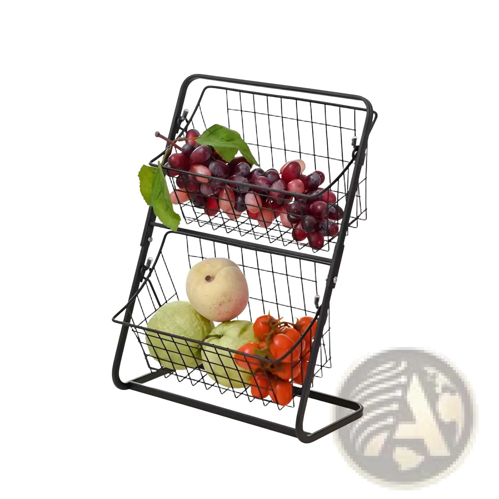 Black metal wire two tier fruit basket kitchen storage rack designed for organizing fruits and vegetables efficiently