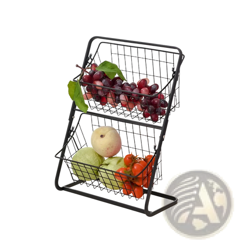 Black metal wire two tier fruit basket kitchen storage rack designed for organizing fruits and vegetables efficiently