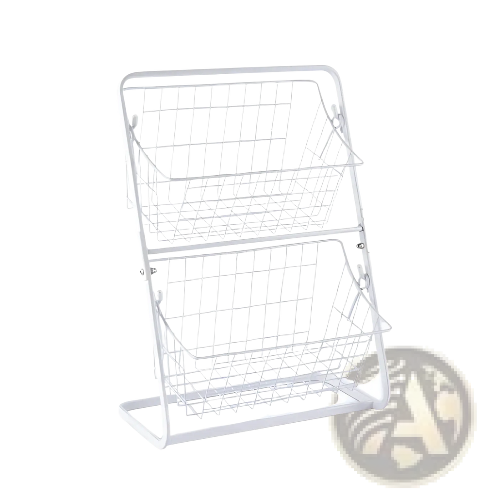 White metal wire two tier fruit basket kitchen storage rack with grid pattern and curved handles