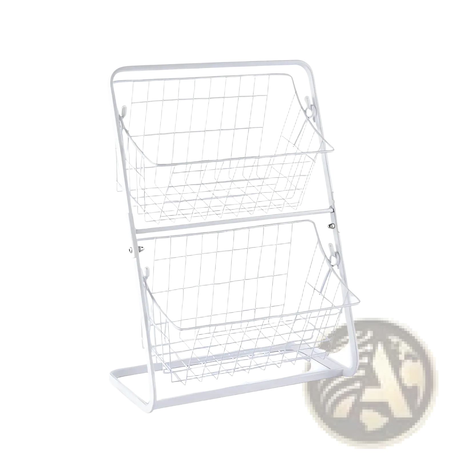 White metal wire two tier fruit basket kitchen storage rack with grid pattern and curved handles