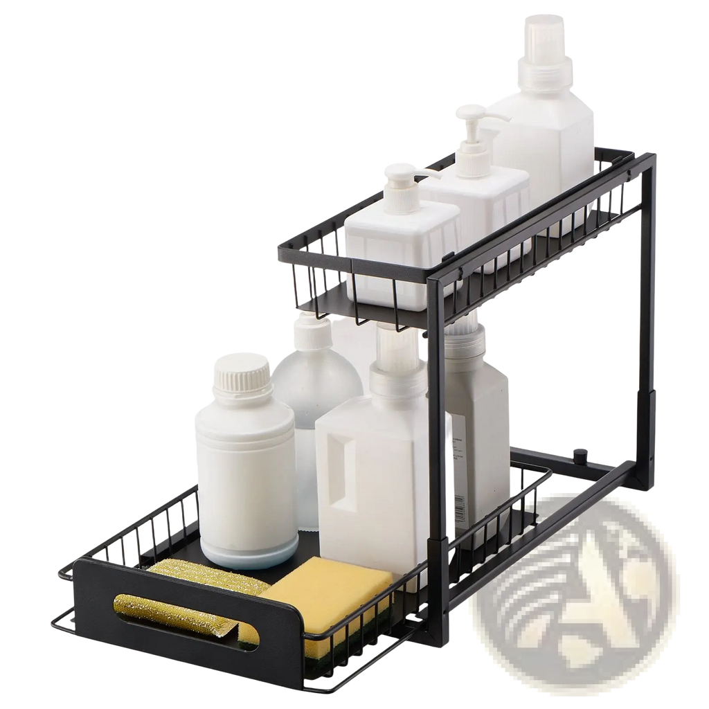 Black metal two-tier pull out under sink cabinet organizer with wire mesh shelves holding white bottles and sponges