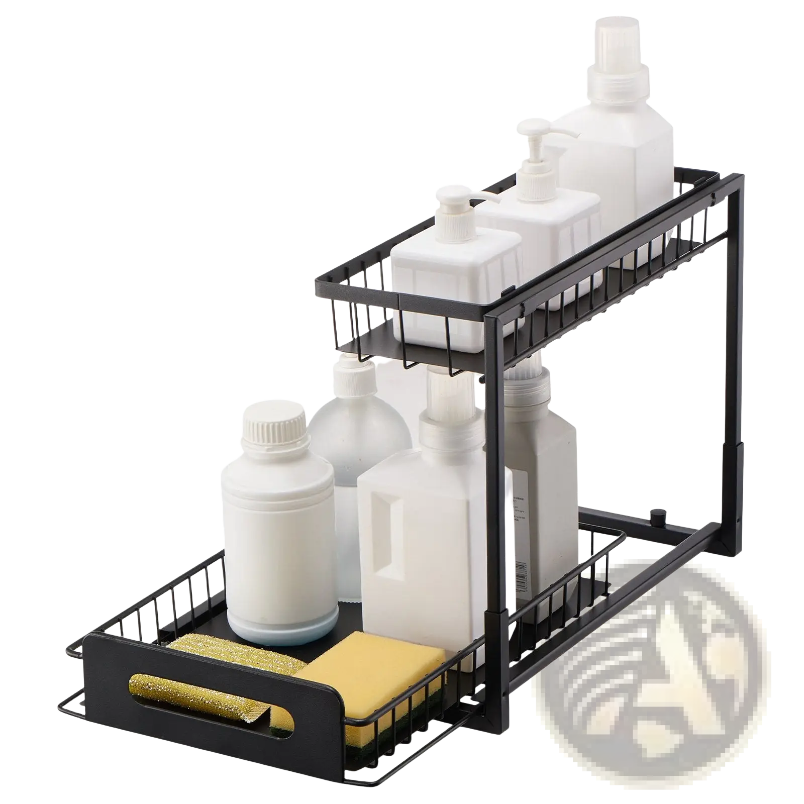 Black metal two-tier pull out under sink cabinet organizer with wire mesh shelves holding white bottles and sponges