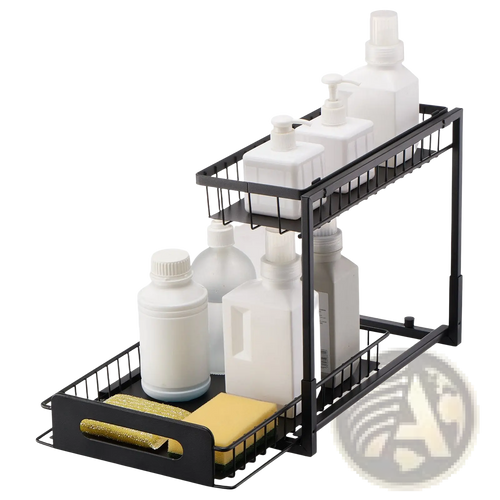 Black metal two-tier pull out under sink cabinet organizer with wire mesh shelves holding white bottles and sponges