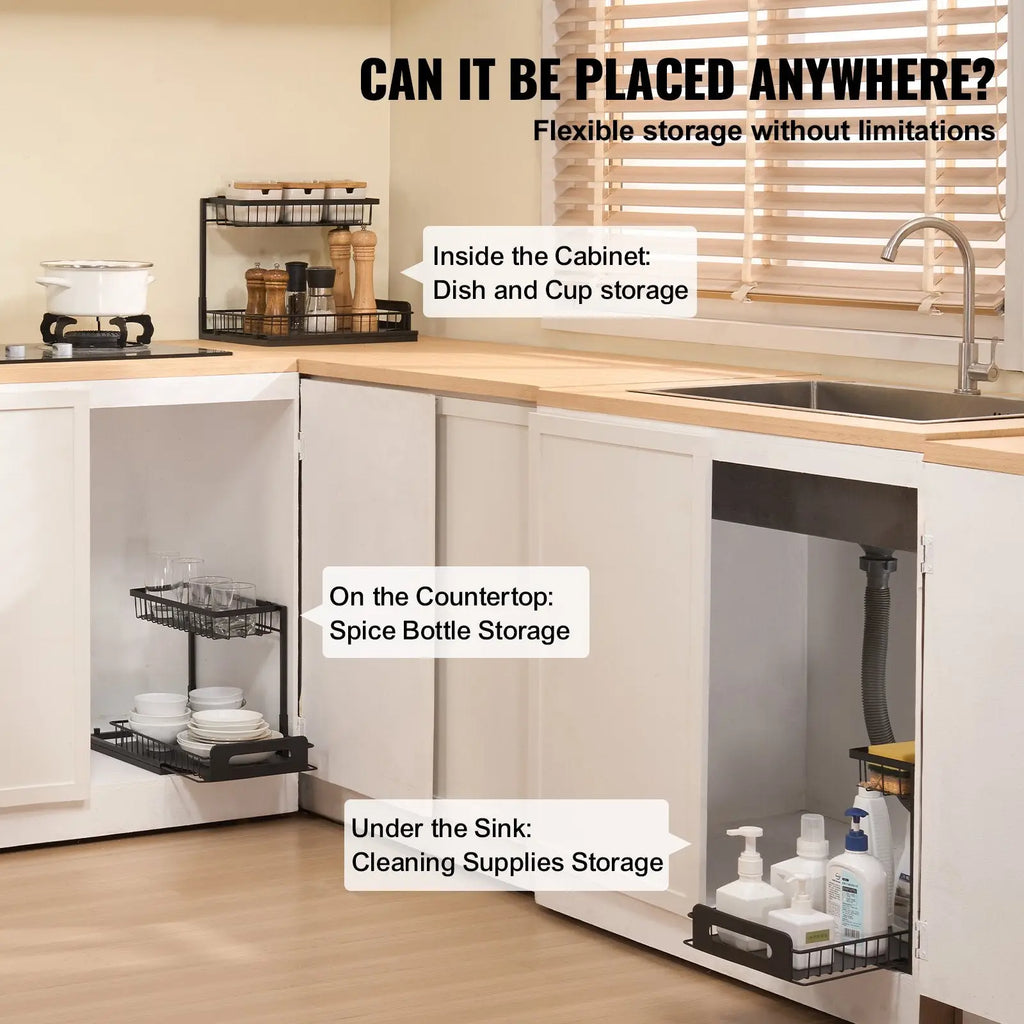 Black metal 2-tier pull out under sink cabinet organizer with adjustable shelves and pull-out trays for versatile storage