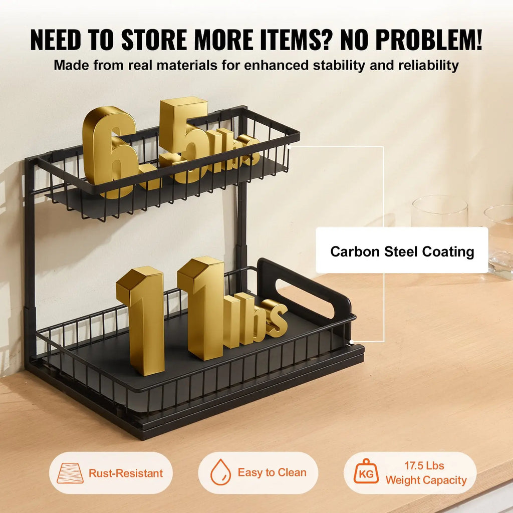Black carbon steel double-tier kitchen rack with gold weight display units for pull out under sink cabinet organizer