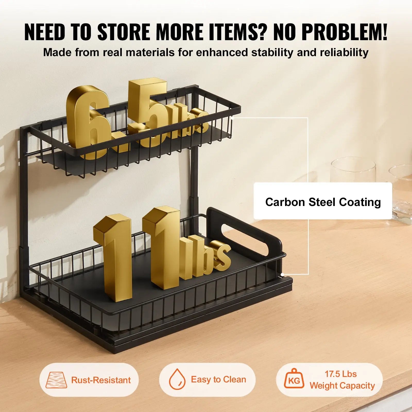 Black carbon steel double-tier kitchen rack with gold weight display units for pull out under sink cabinet organizer
