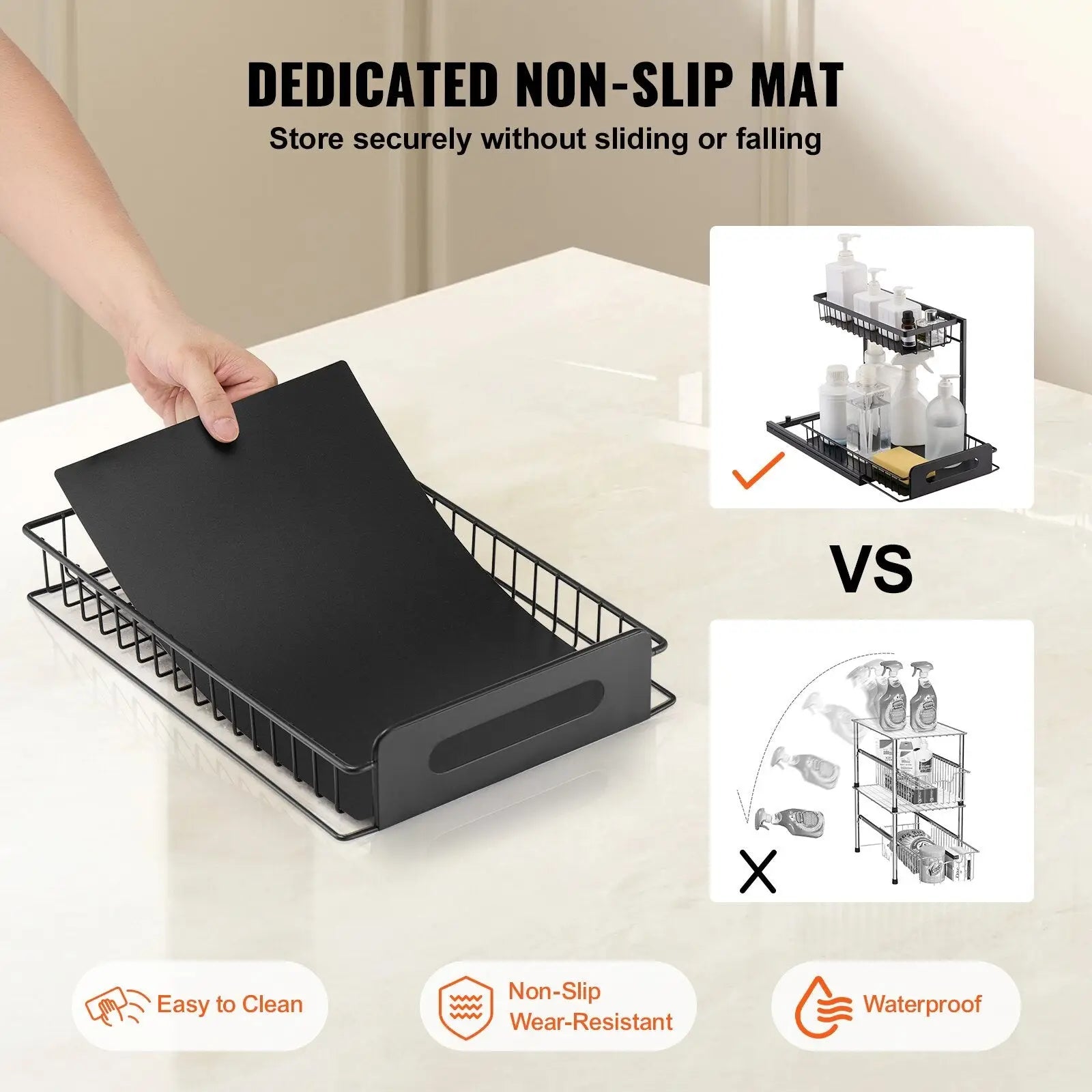 Black metal 2-tier pull out under sink cabinet organizer with non-slip mat insert for kitchen storage