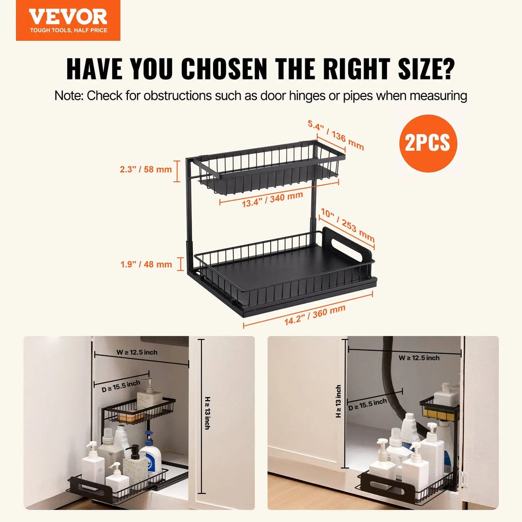 Black metal 2-tier pull out under sink cabinet organizer with wire mesh shelves and solid base for kitchen storage