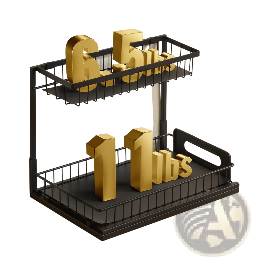 Black metal two-tier pull out under sink cabinet organizer with gold-colored 3d numerals on wire shelves