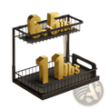 Black metal two-tier pull out under sink cabinet organizer with gold-colored 3d numerals on wire shelves