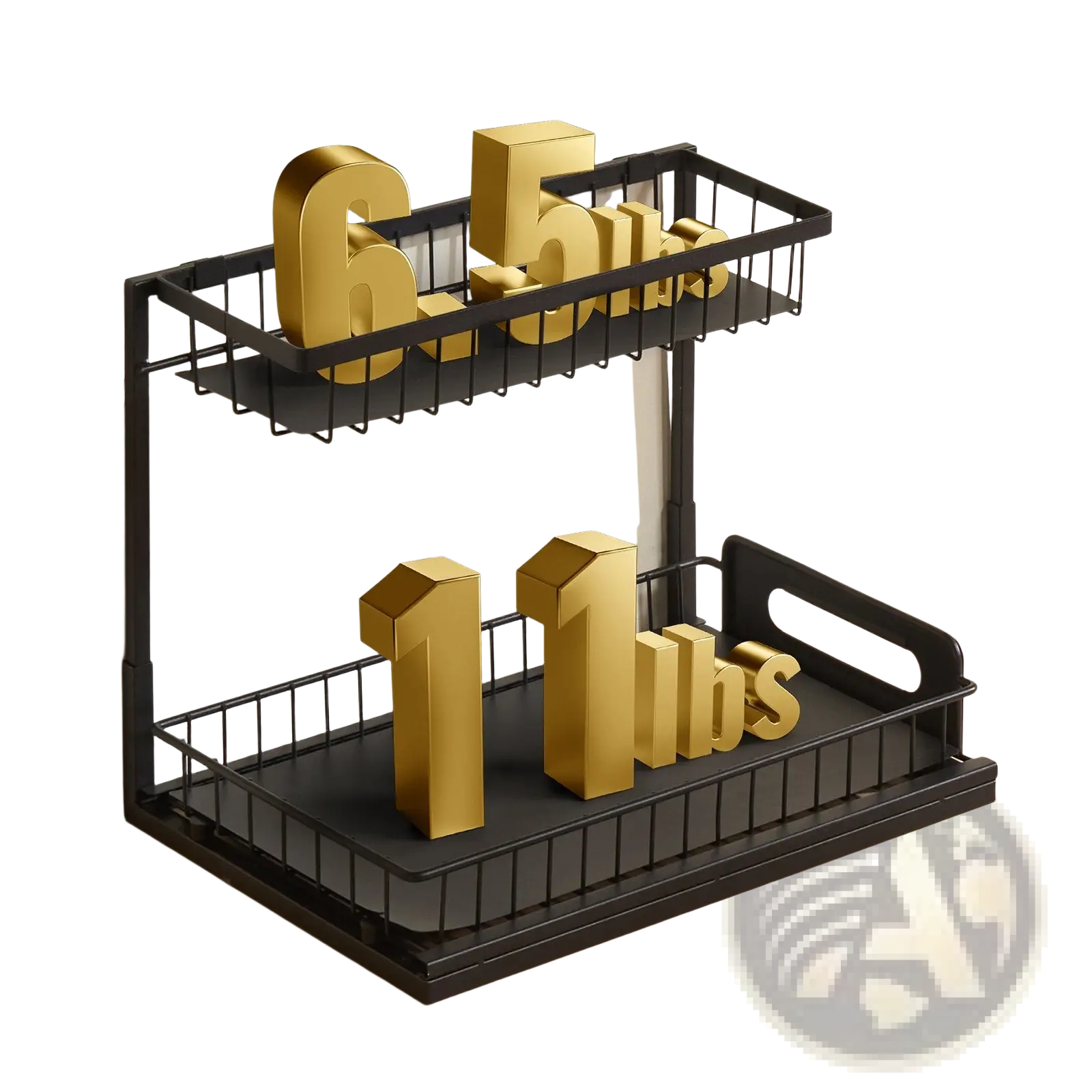 Black metal two-tier pull out under sink cabinet organizer with gold-colored 3d numerals on wire shelves