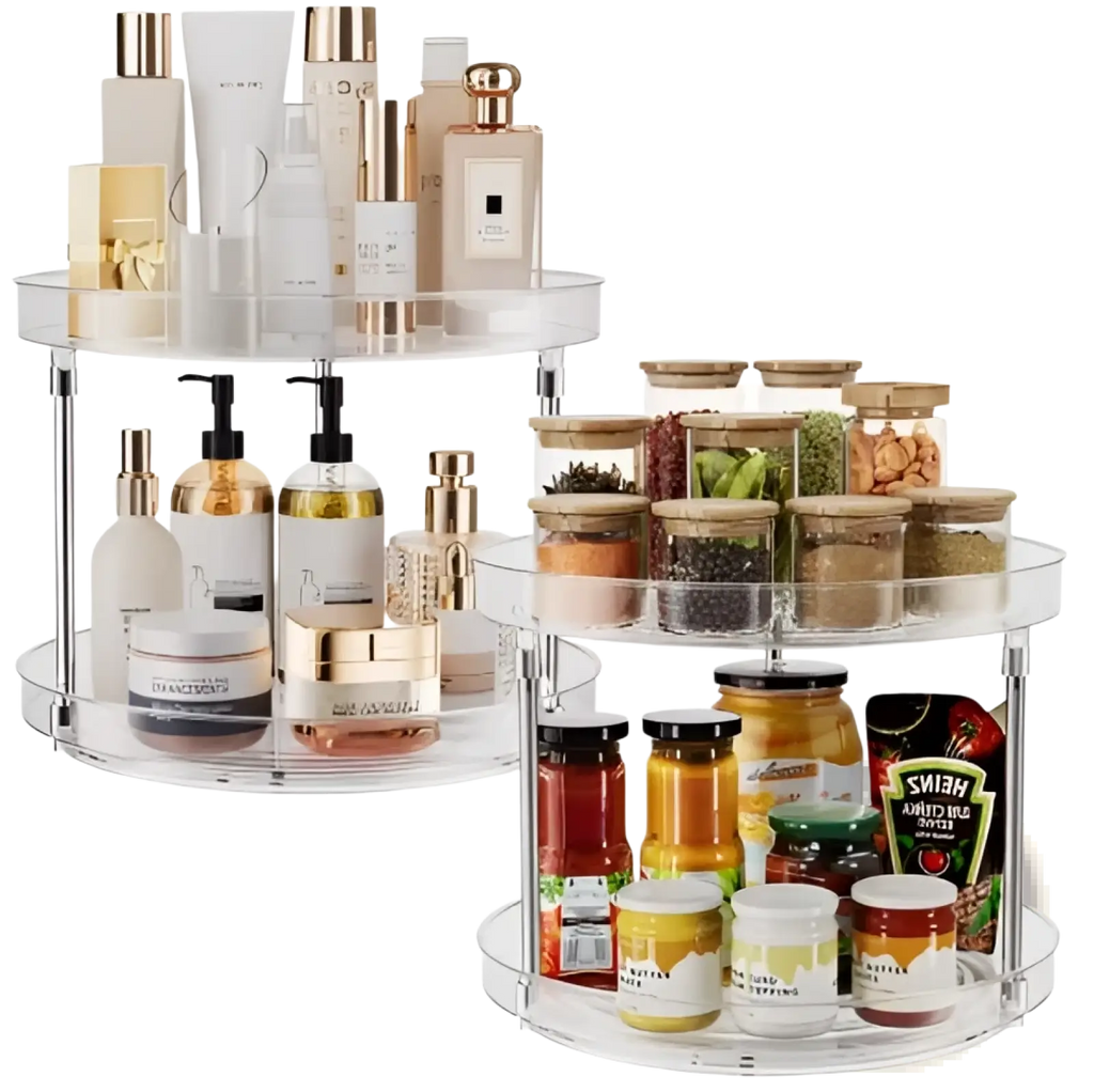 Clear acrylic two-tier rotating kitchen and bathroom storage rack set of 2 for spices and small items organization