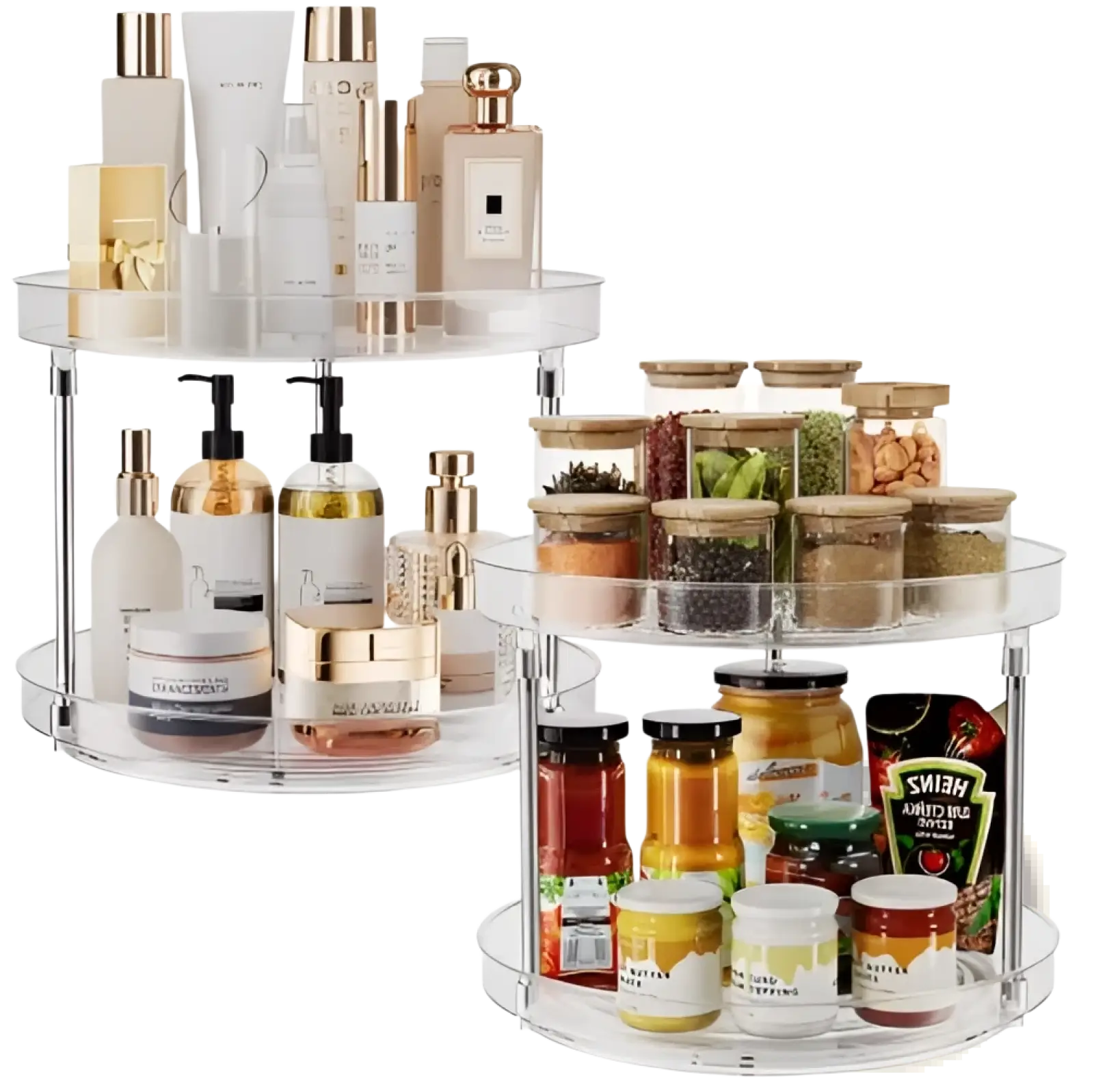 Clear acrylic two-tier rotating kitchen and bathroom storage rack set of 2 for spices and small items organization