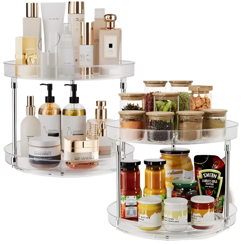Clear acrylic two-tier rotating kitchen and bathroom storage rack set of 2 for spices and small items organization