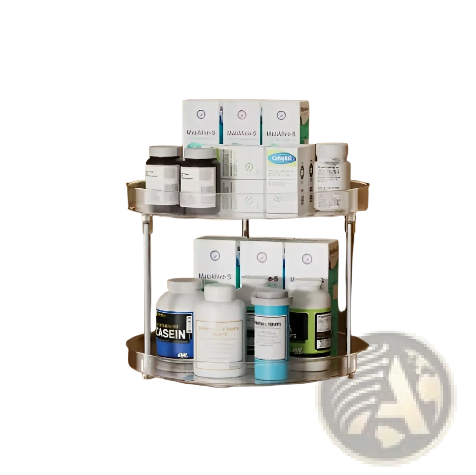 Clear acrylic 2-tier rotating spice rack turntable holding various medication bottles and boxes pack of 2