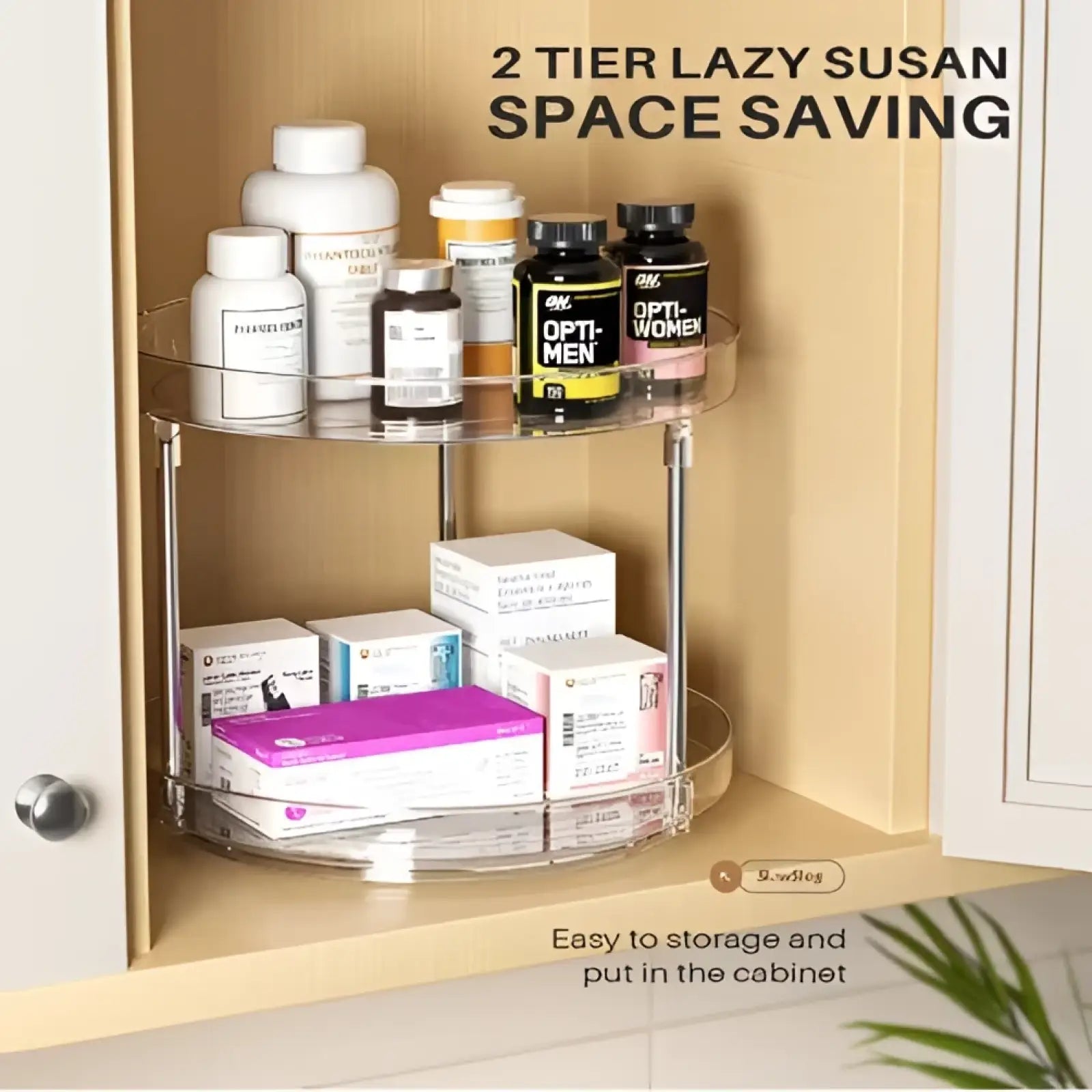 Clear acrylic two-tier lazy susan storage rack with chrome metal frame for rotating spice organization pack of 2