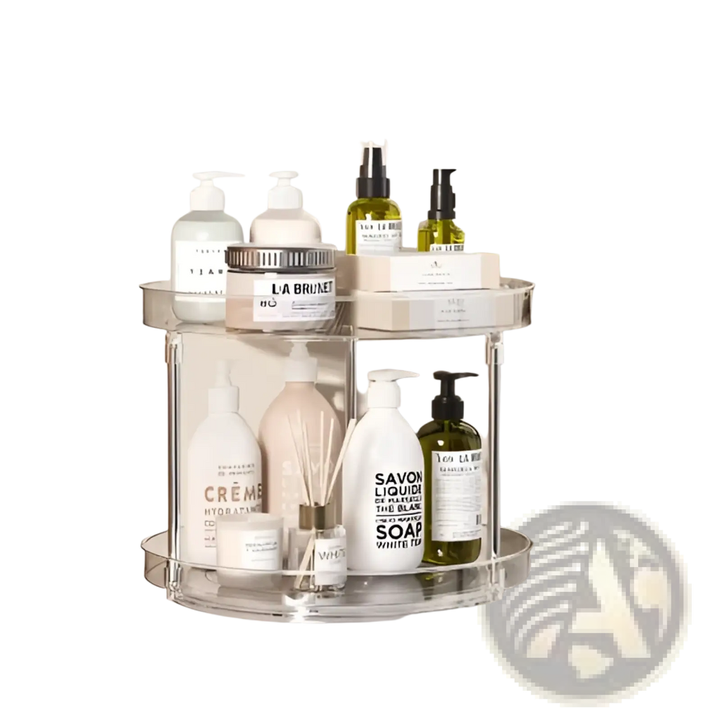 Clear acrylic two-tier bathroom organizer with rounded edges and transparent shelves in a rotating turntable design pack of 2