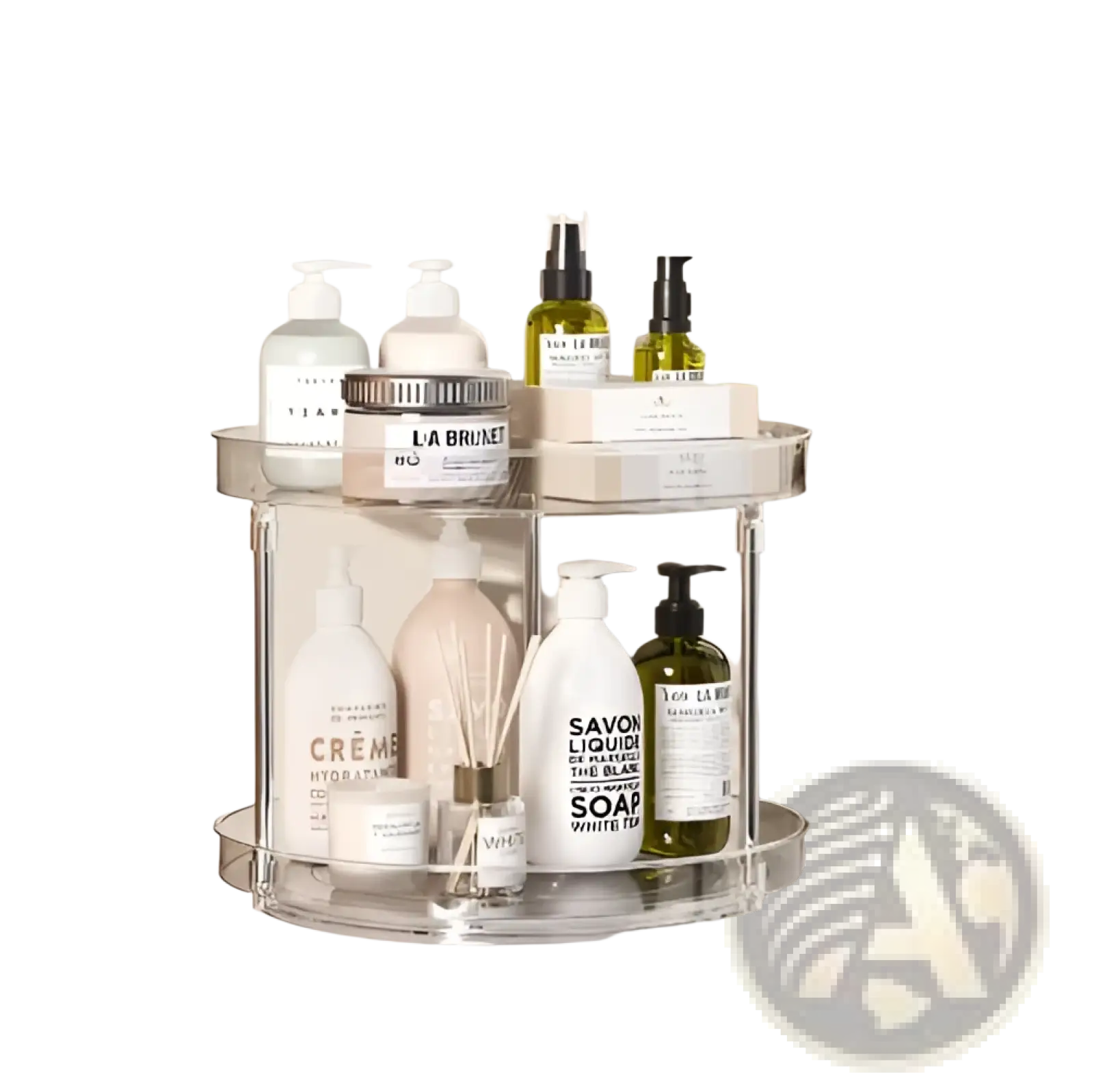 Clear acrylic two-tier bathroom organizer with rounded edges and transparent shelves in a rotating turntable design pack of 2