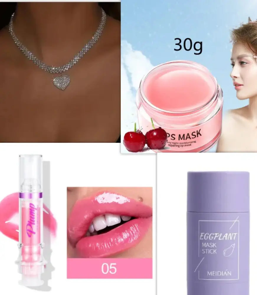 A sparkling silver heart-shaped pendant necklace with a delicate chain shown with a cherry moisturizing night lip mask