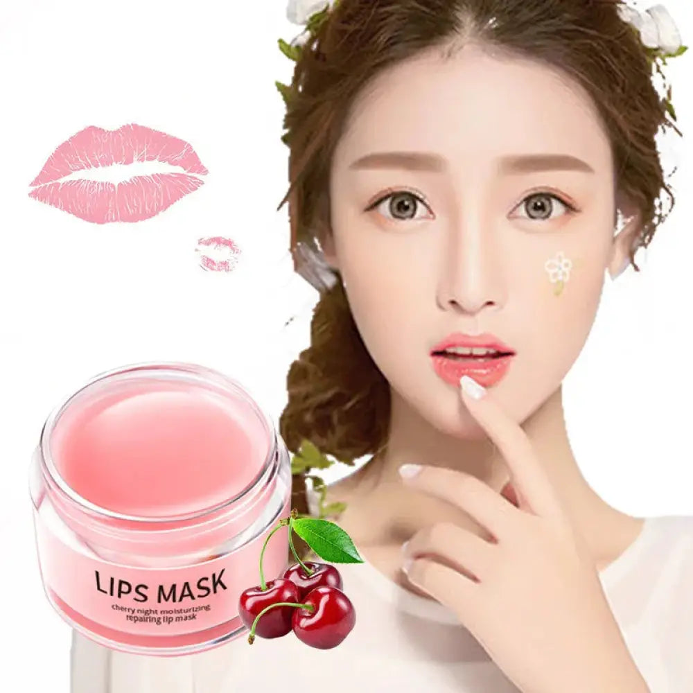 Pink cherry-flavored lip mask in a clear glass jar with black text labeling for moisturizing and repairing lips at night