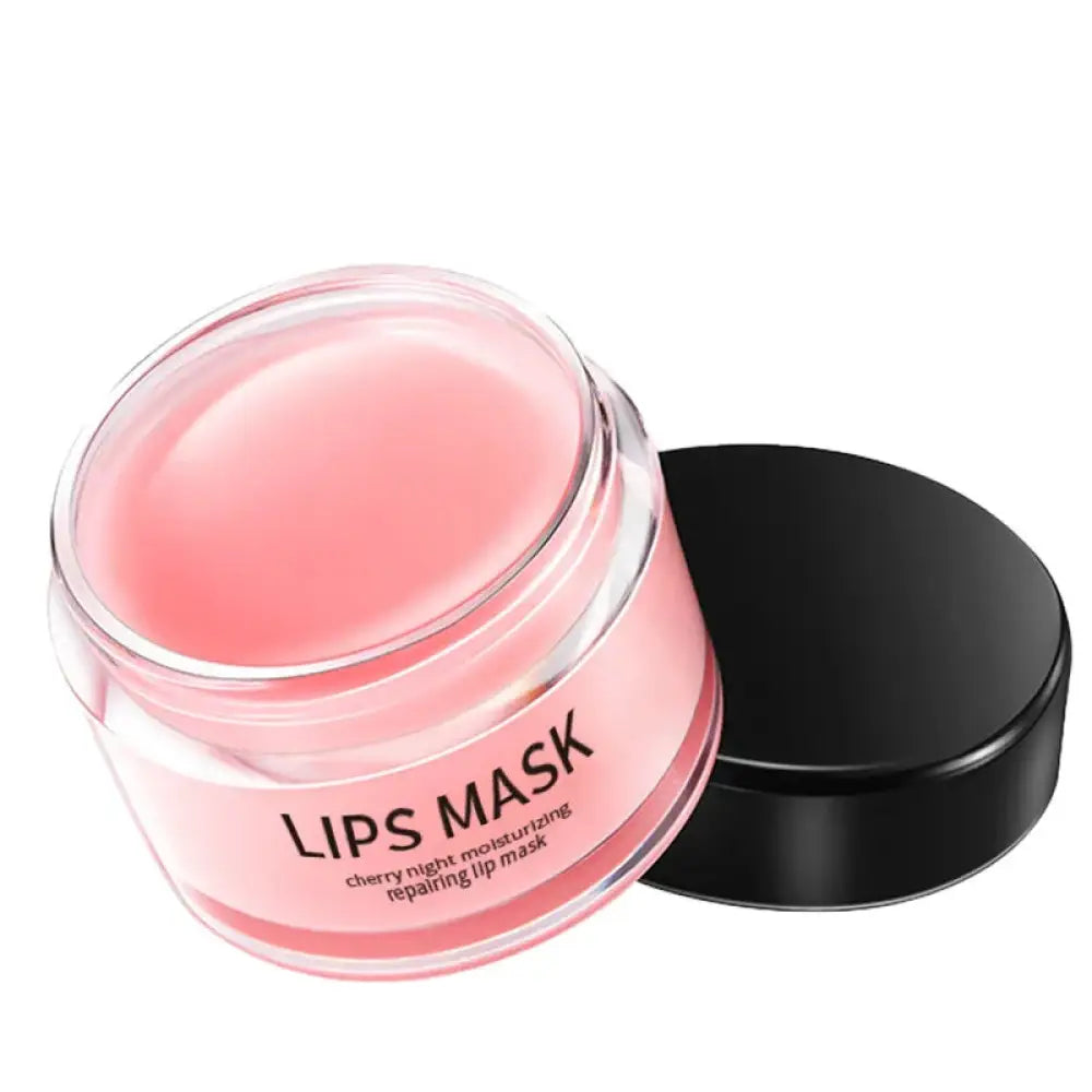 Cherry moisturizing night lip mask in a clear glass jar with black lid for moisturizing and repairing lips