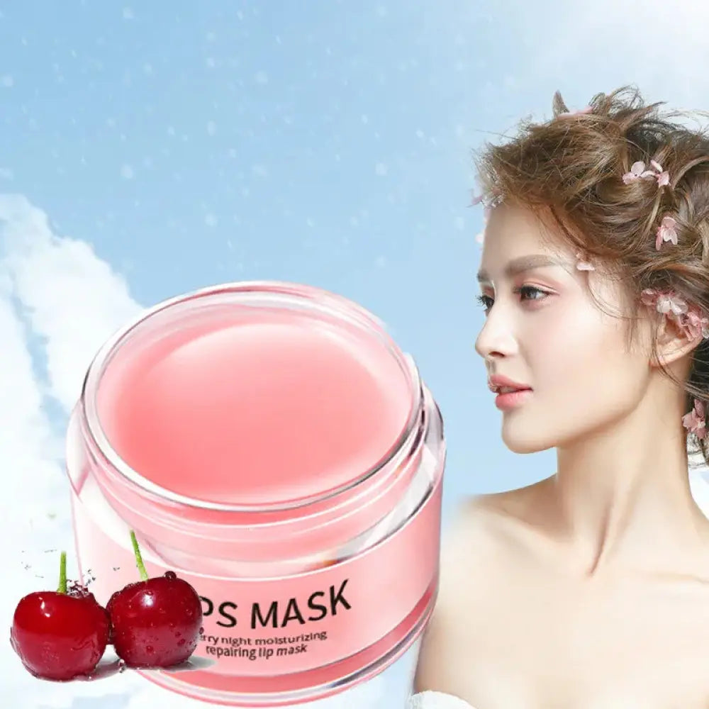Pink cherry night moisturizing repairing lip mask in a clear glass jar with black text labeling for nighttime lip care