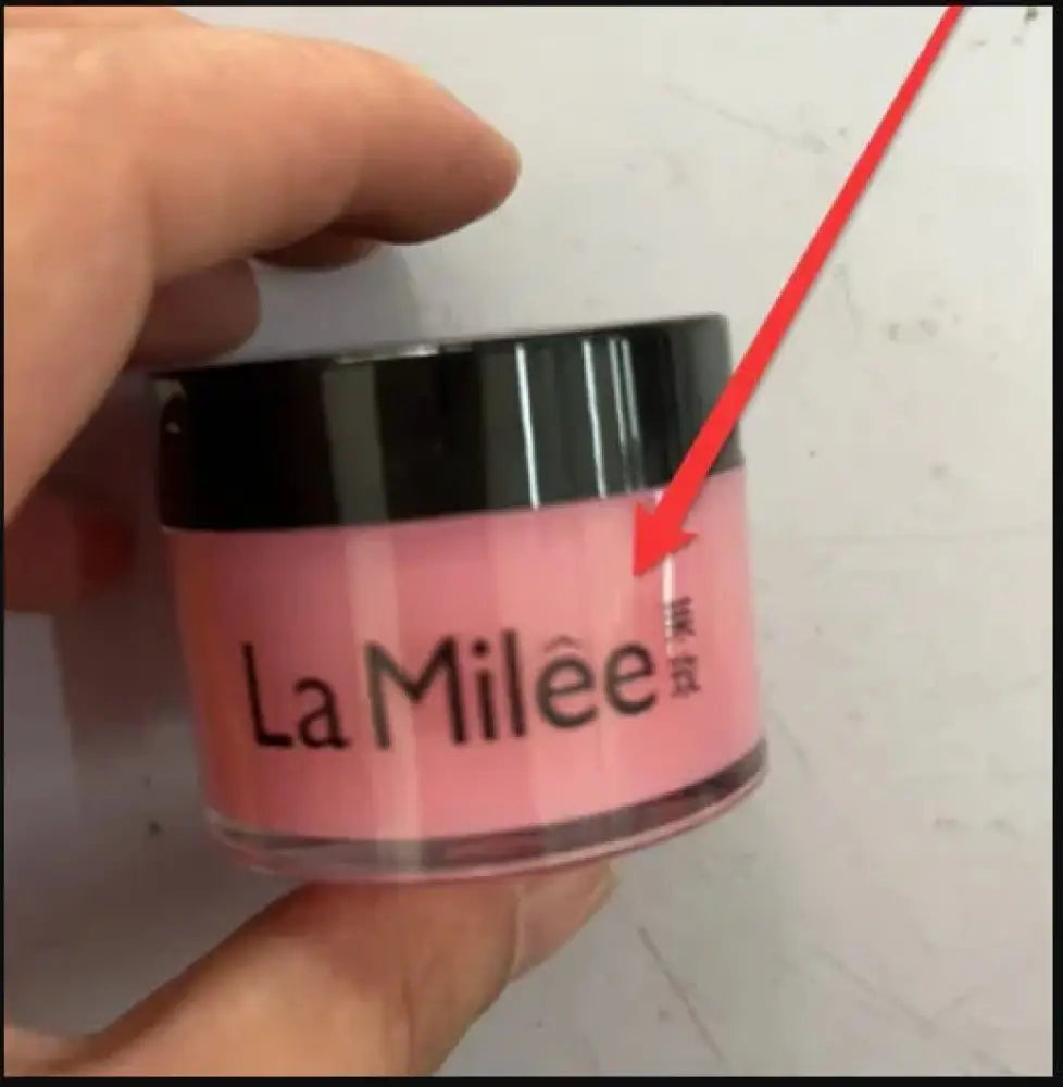 Pink la milee nail polish powder in a clear jar with black lid for cherry moisturizing night lip mask with repairing formula