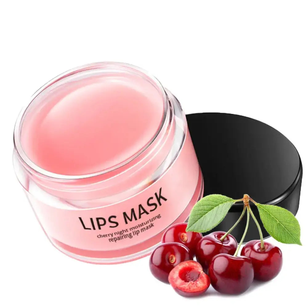 Pink cherry-flavored moisturizing night lip mask in clear glass jar with black lid and repairing formula