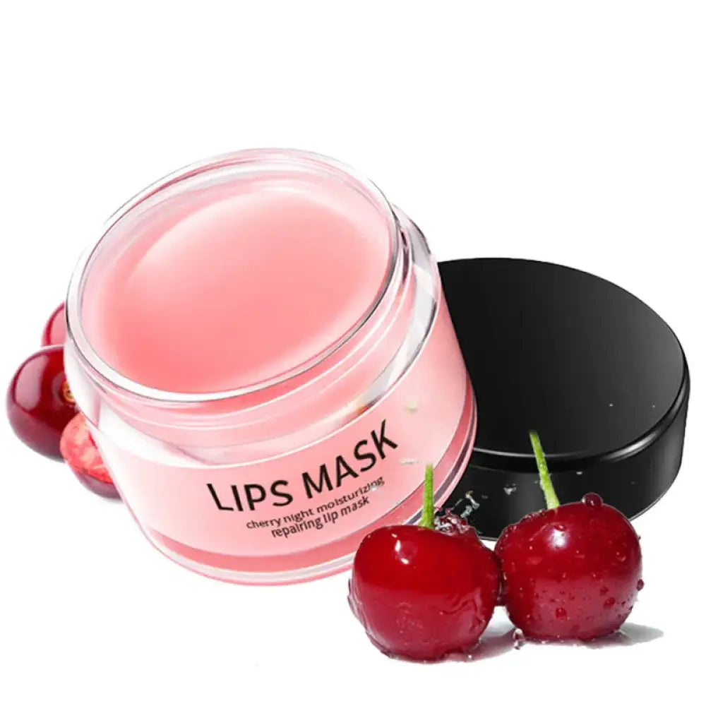 Pink cherry-flavored moisturizing night lip mask in a clear glass jar with black lid featuring a repairing formula