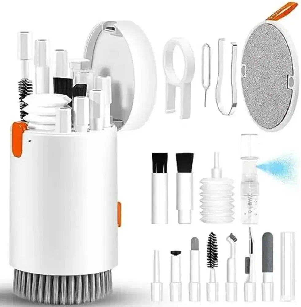 White cylindrical 20-in-1 universal electronics and keyboard cleaning kit with orange accents and multiple attachments