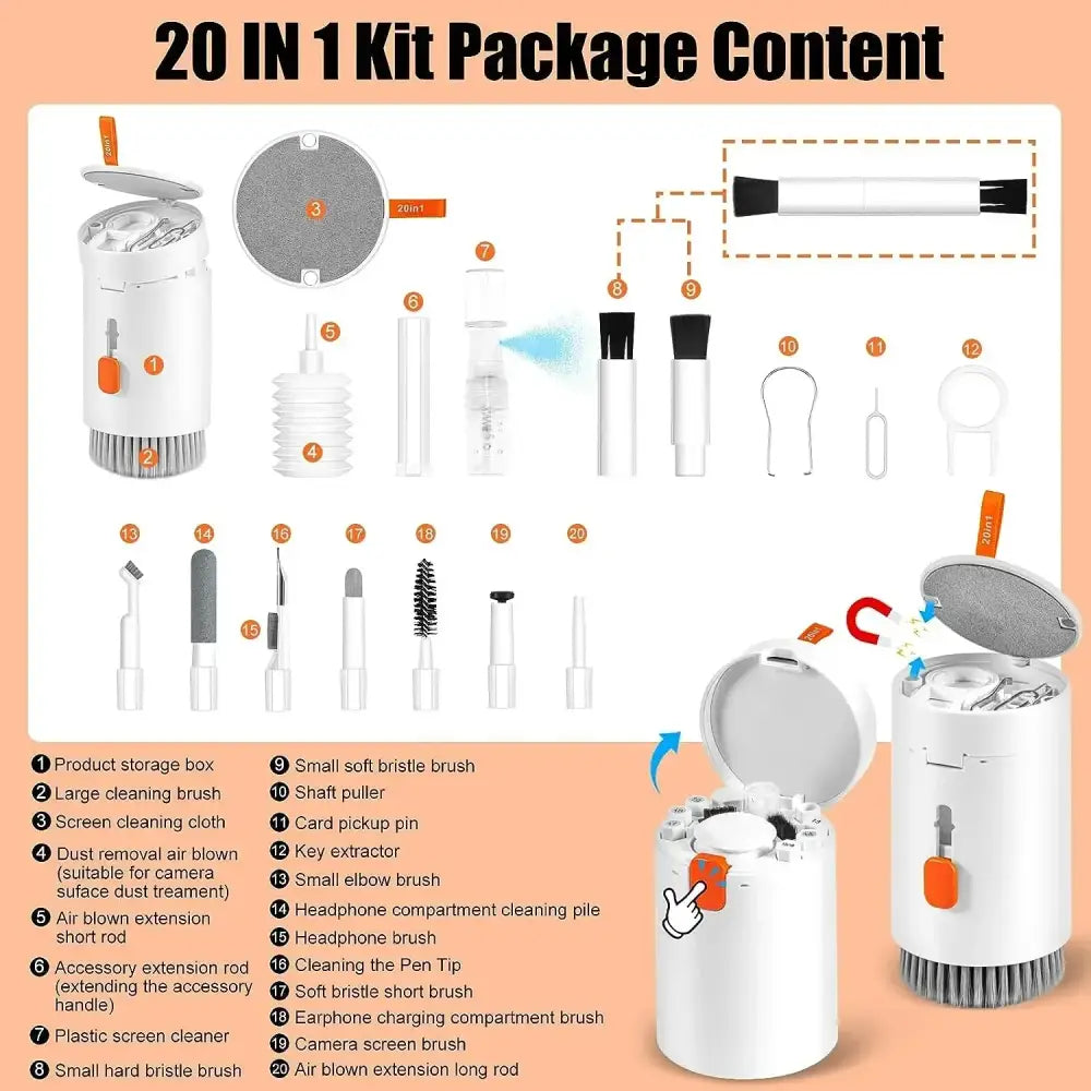 White cylindrical 20-in-1 universal electronics and keyboard cleaning kit with orange accents and rotating brush head