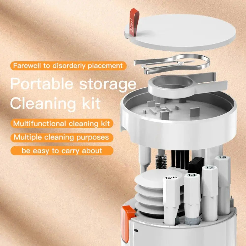 White cylindrical portable 20-in-1 universal electronics and keyboard cleaning kit with multiple detachable brushes and tools