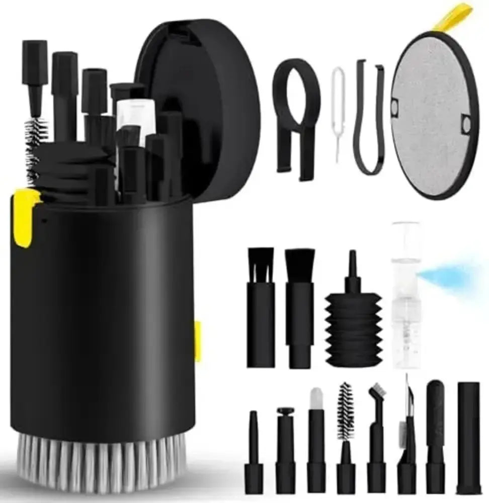 Black cylindrical 20-in-1 electronics and keyboard cleaning kit with yellow accents and gray bristle base attachments