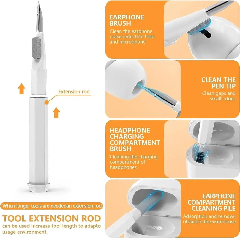 White plastic tool extension rod with metallic tip and brush for cleaning earphones pen tips in 20-in-1 electronics kit