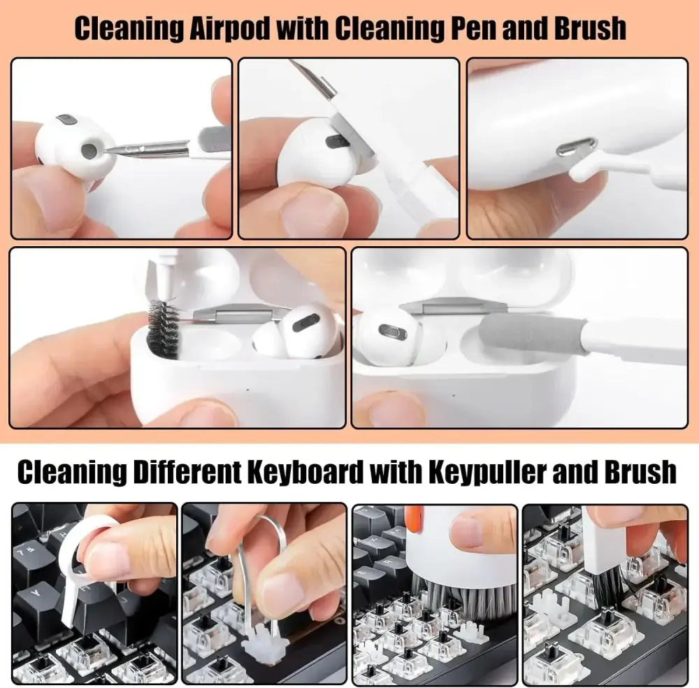 White apple airpods with cleaning tools in use from 20-in-1 universal electronics and keyboard cleaning kit