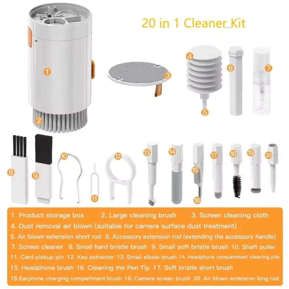 White cylindrical 20-in-1 universal electronics and keyboard cleaning kit with orange accents and multiple cleaning tools