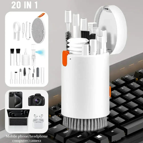 White cylindrical electronic cleaning kit with orange accents brush base and multiple tools for electronics and keyboards