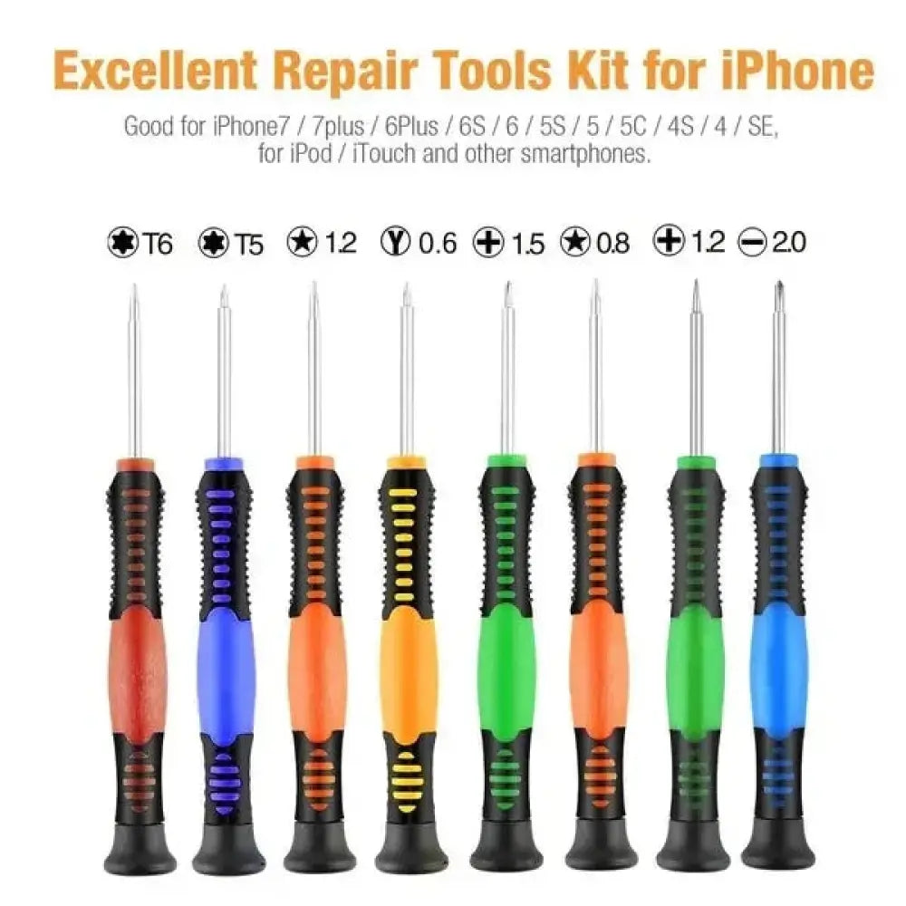 A set of colorful precision screwdrivers with ergonomic grips and metallic tips for iphone repair in a 20 piece kit