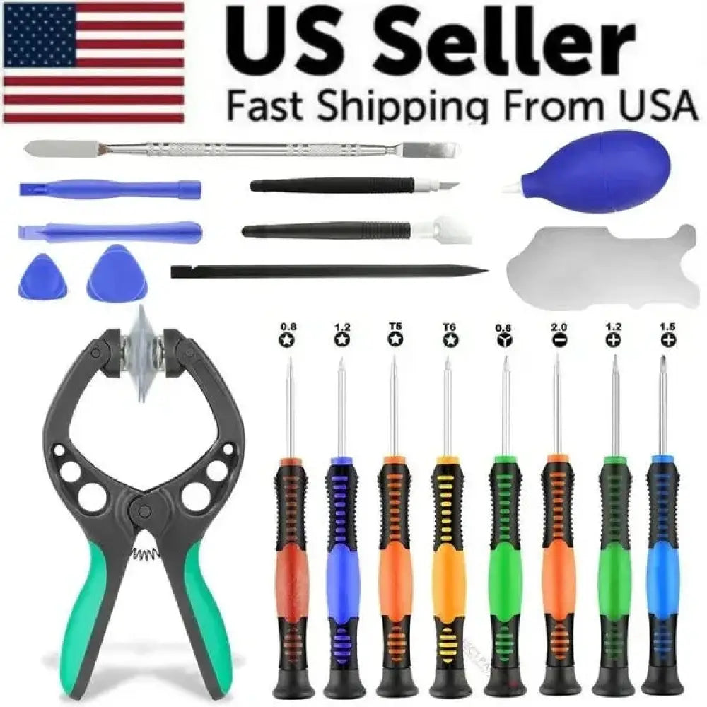 Multicolored 20 piece professional mobile and tablet screen repair kit with ergonomic handles and precision tips