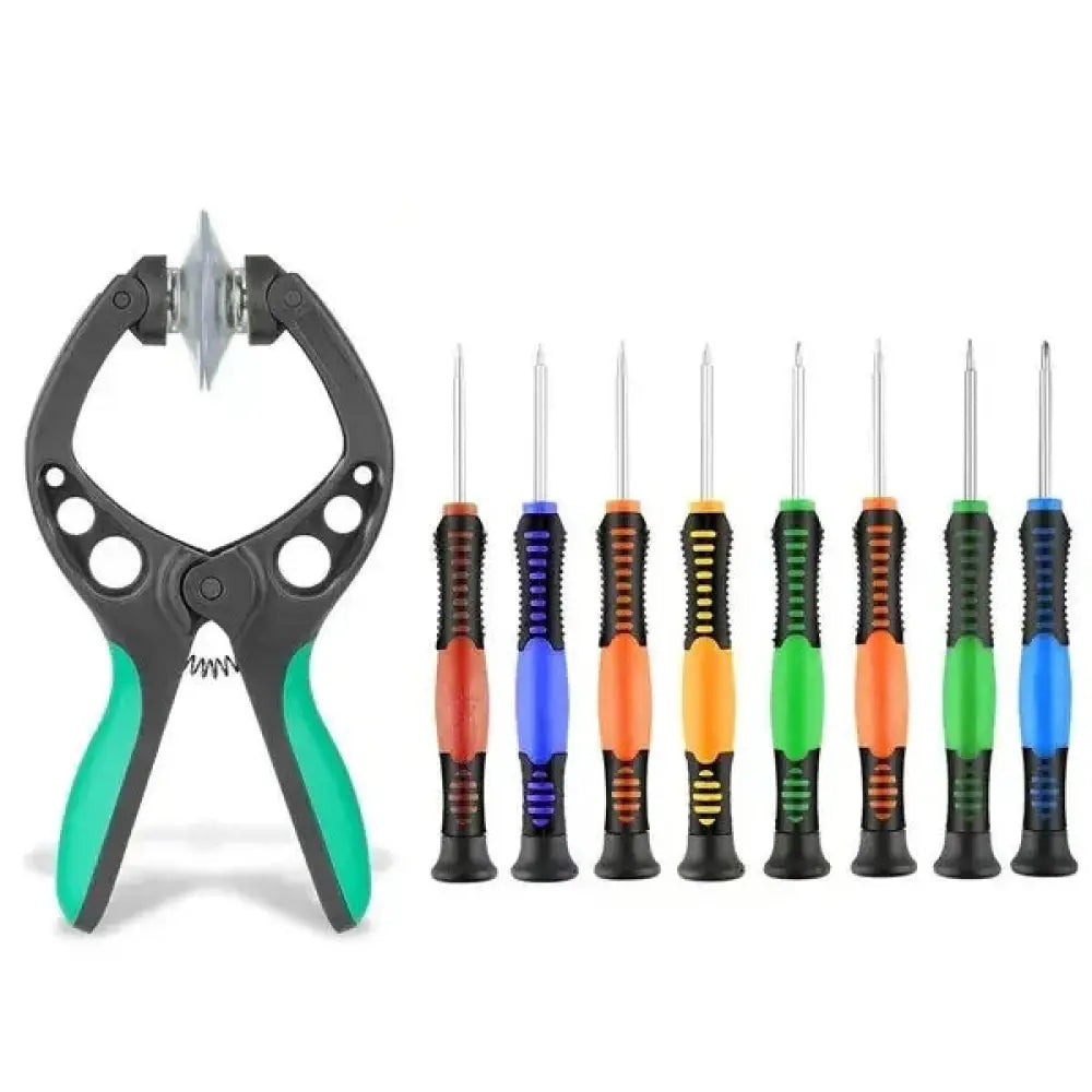 Black and green plastic handled clamp with metallic blade and colorful ergonomic screwdrivers in 20 piece screen repair kit
