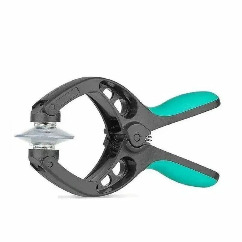 Black and teal plastic clamp with clear glass insert from 20 piece professional mobile and tablet screen repair kit