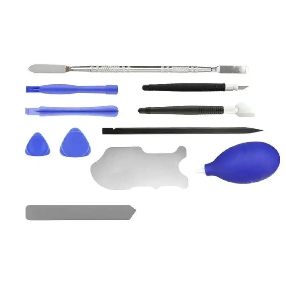 Blue and black 20 piece professional mobile and tablet screen repair kit with metallic tools and plastic tips