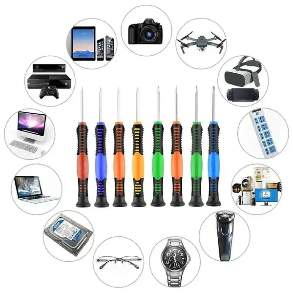 Set of seven colorful screwdrivers with ergonomic handles in red blue orange and green for mobile and tablet repair kit